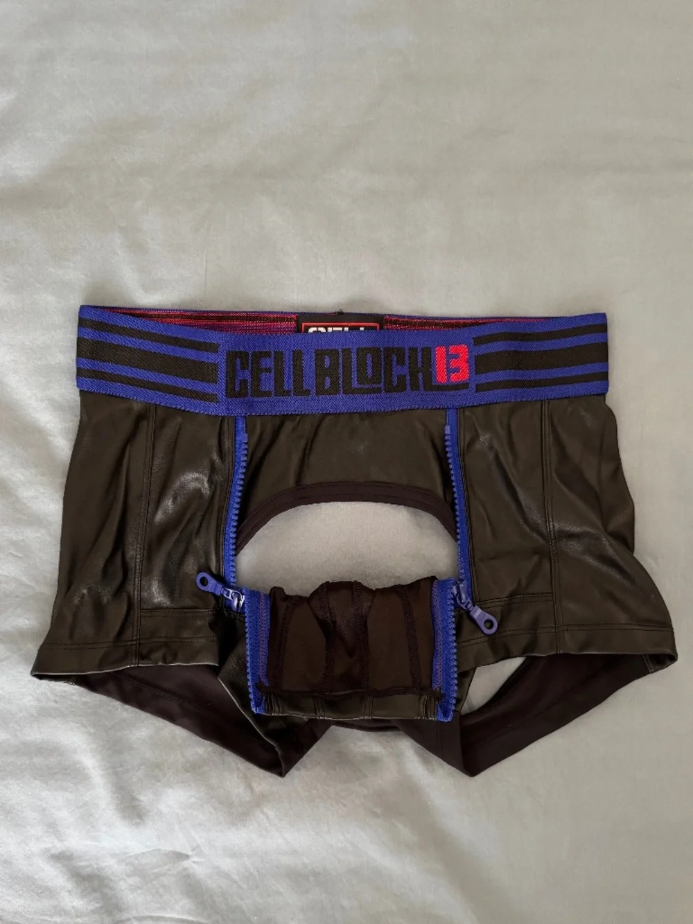CellBlock 13 PU Leather Jock Brief - Double Zip Pouch - Medium - Black/Blue - Picture 2 of 4